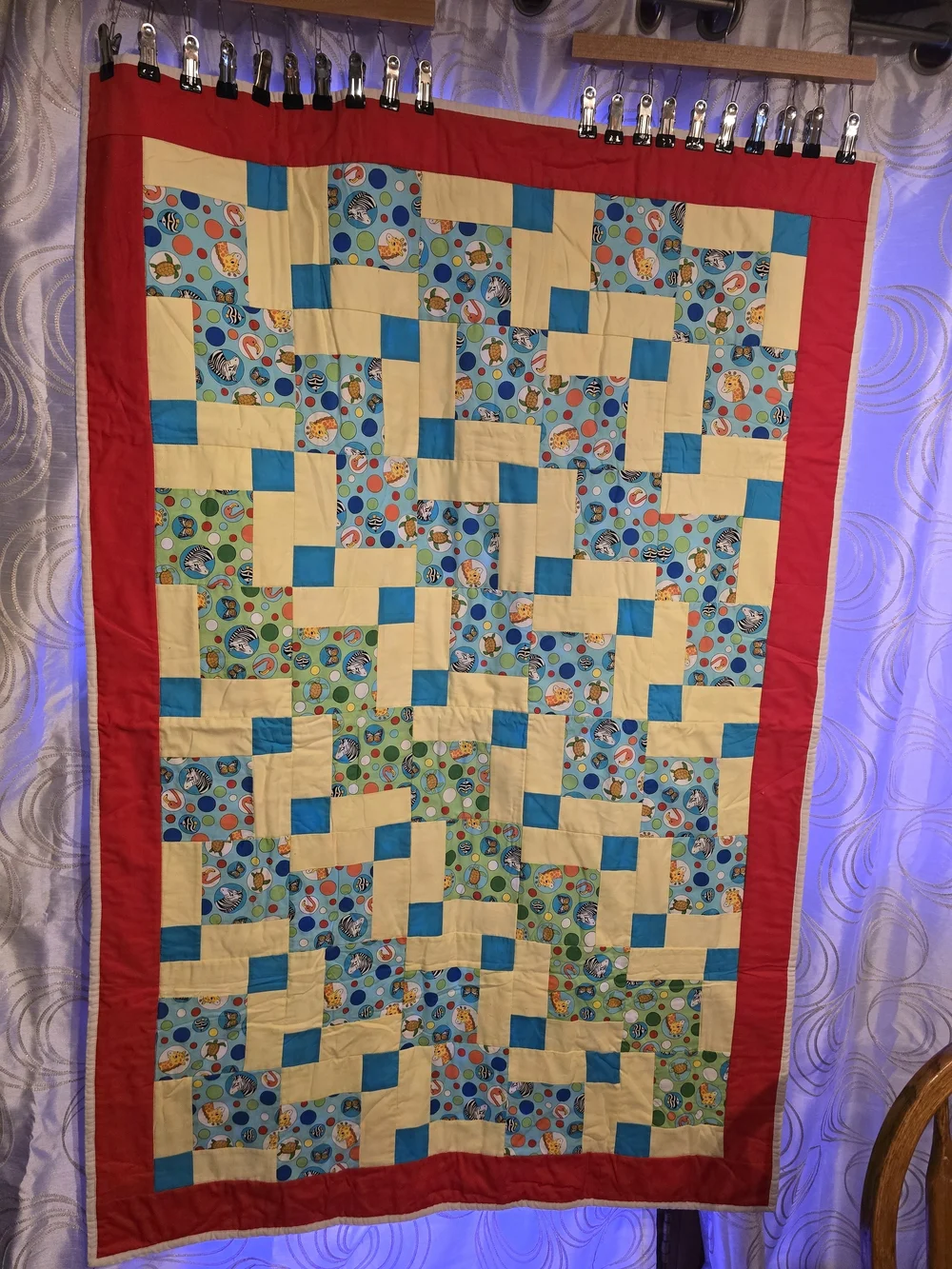Handmade Patchwork Baby Quilt in Red, Blue & Cream